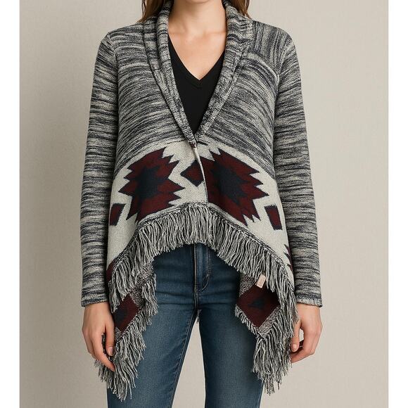 Arizona Jean Co Gray Red‎ Fringe Cardigan Sweater Small Boho Southwestern Aztec - Picture 1 of 9